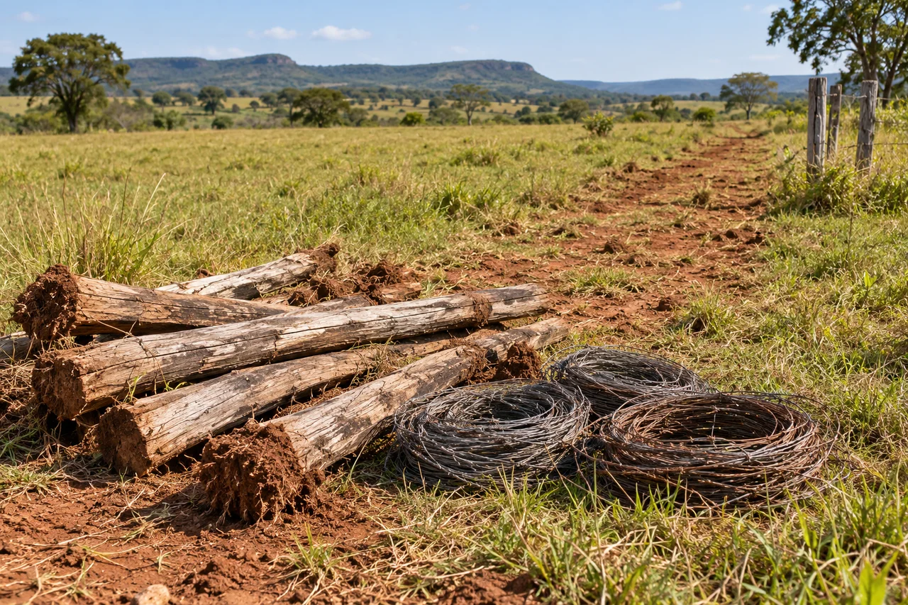 Imagem ilustrativa de postes retirados e arame recolhido após o desmanche de uma cerca rural